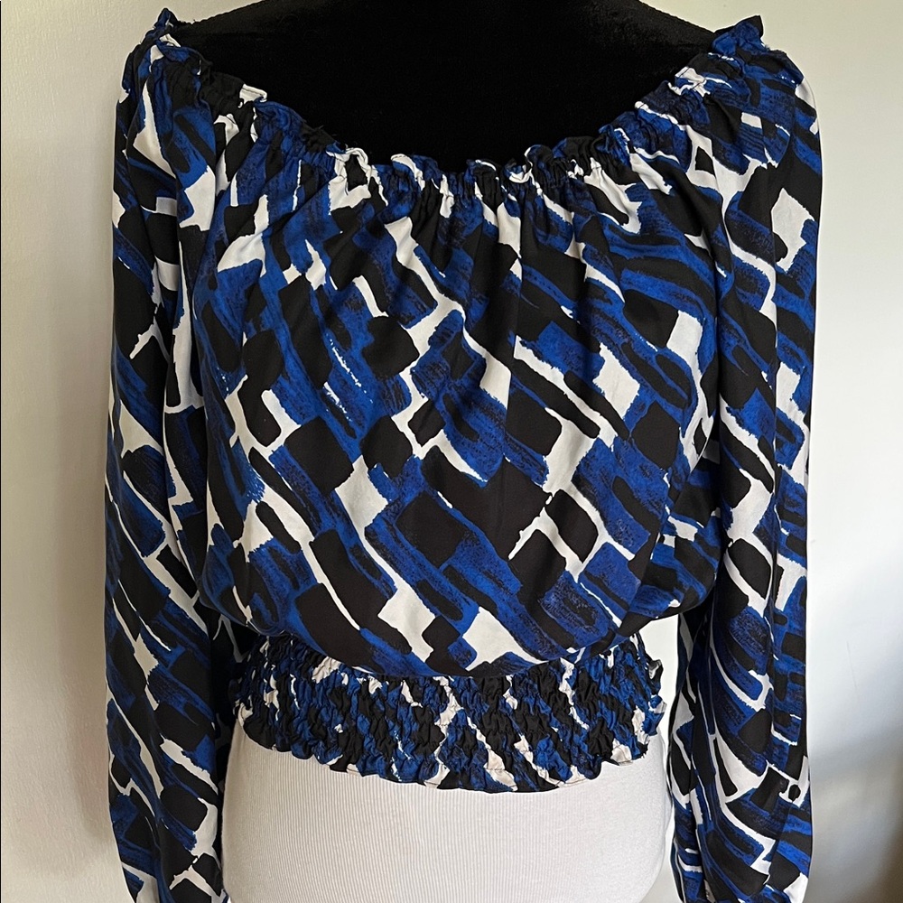 Michael Michael Kors 100% Silk Cobalt Blue/Black Abstract Print Top